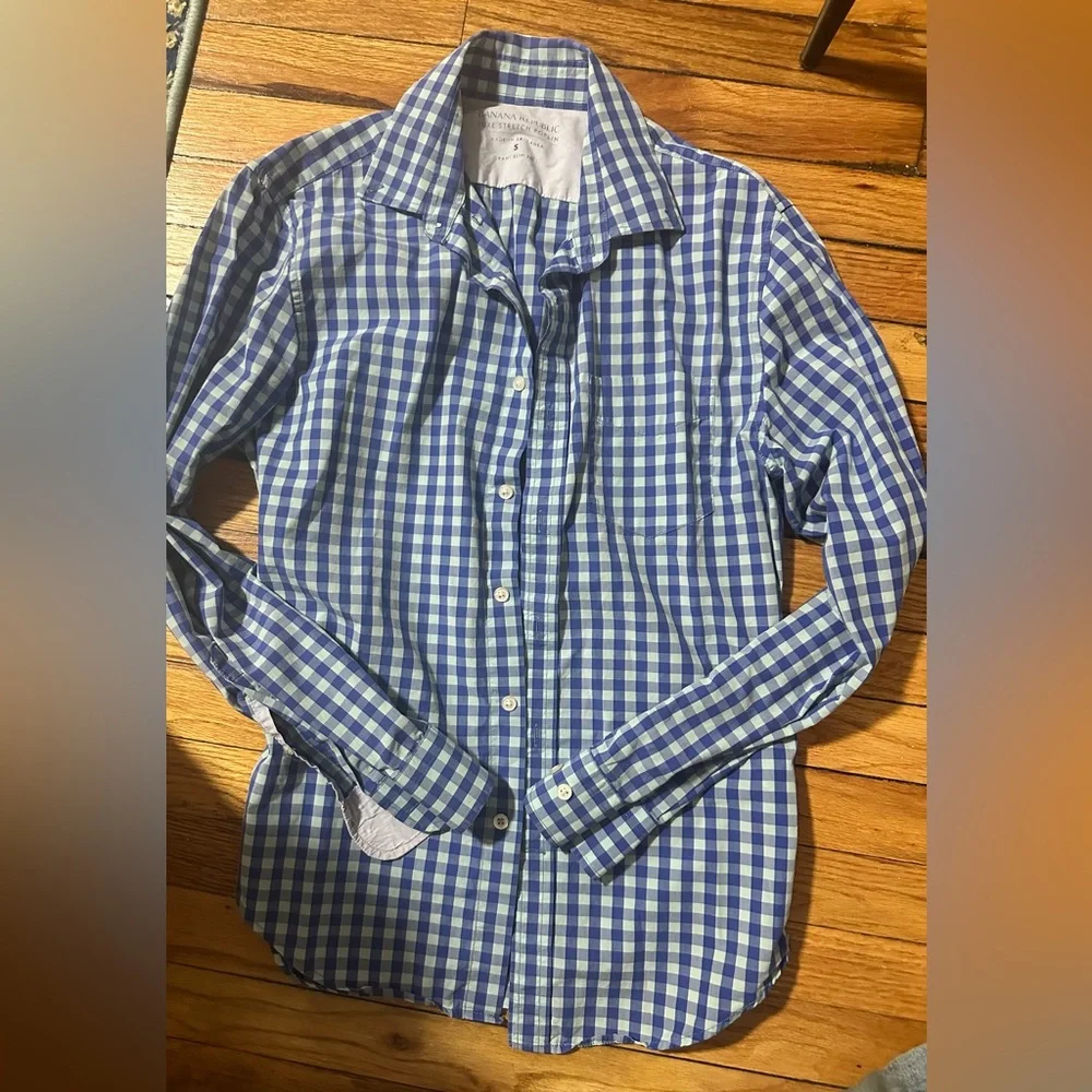 Banana Republic Shirt Mens Small Grant Slim Fit Stretch Poplin Plaid Dress Shirt